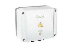 Product photo of a white wall-mounted Gave Firefighter Safety Switch enclosure with a lightning warning symbol and two cable