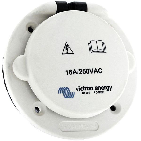 Victron Energy Blue Power white circular inlet socket with black cover, rated 16A/250VAC, showing warning and manual icons.