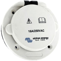 Victron Energy Blue Power white circular inlet socket with black cover, rated 16A/250VAC, showing warning and manual icons.