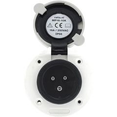 White and black Victron Power Inlet socket with protective cover, rated 16A/250VAC, IP56, mounted vertically showing both