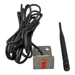 Victron outdoor LTE-M antenna with magnetic base, 5m black cable, and red LED indicator light mounted on metal bracket.