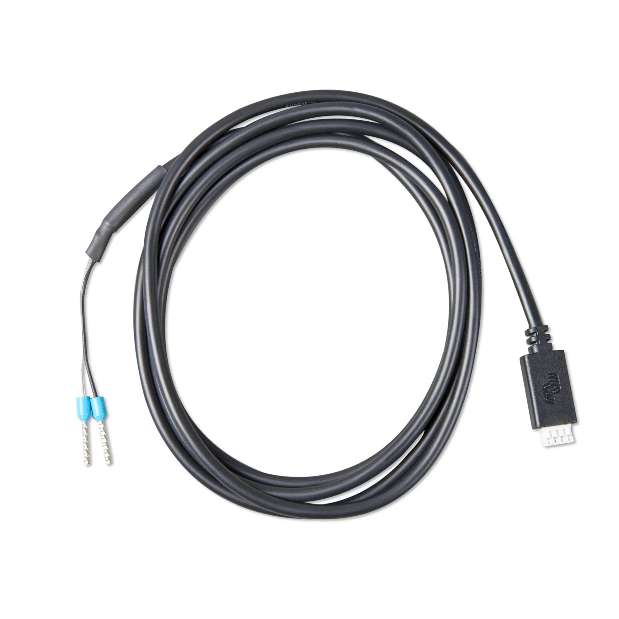 Victron VE.Direct TX cable coiled on white background, showing blue-tipped bare wire connectors on one end and white