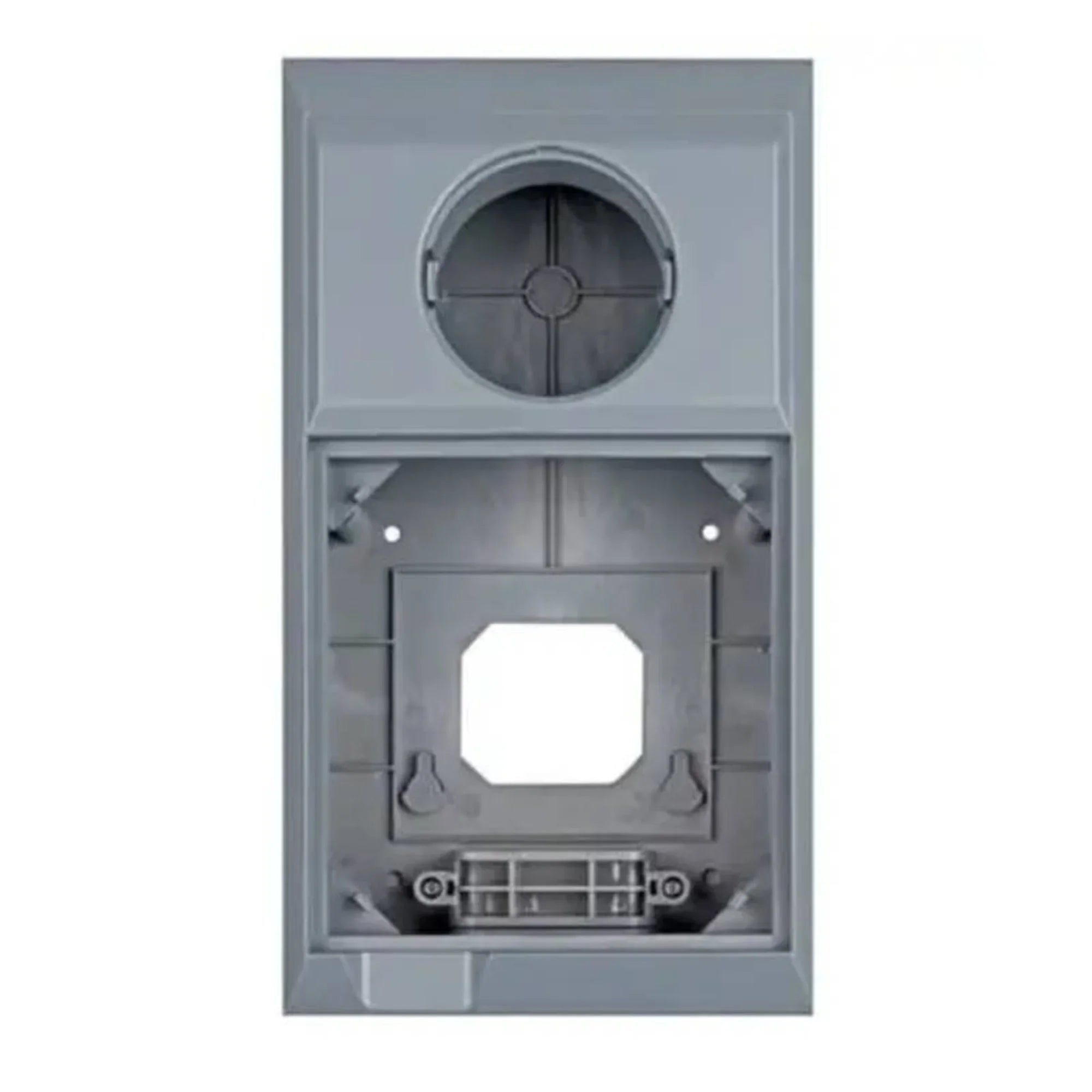 Grey wall-mounted enclosure with circular ventilation opening at top and white rectangular cutout in centre for display
