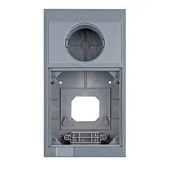 Grey wall-mounted enclosure with circular ventilation opening at top and white rectangular cutout in centre for display