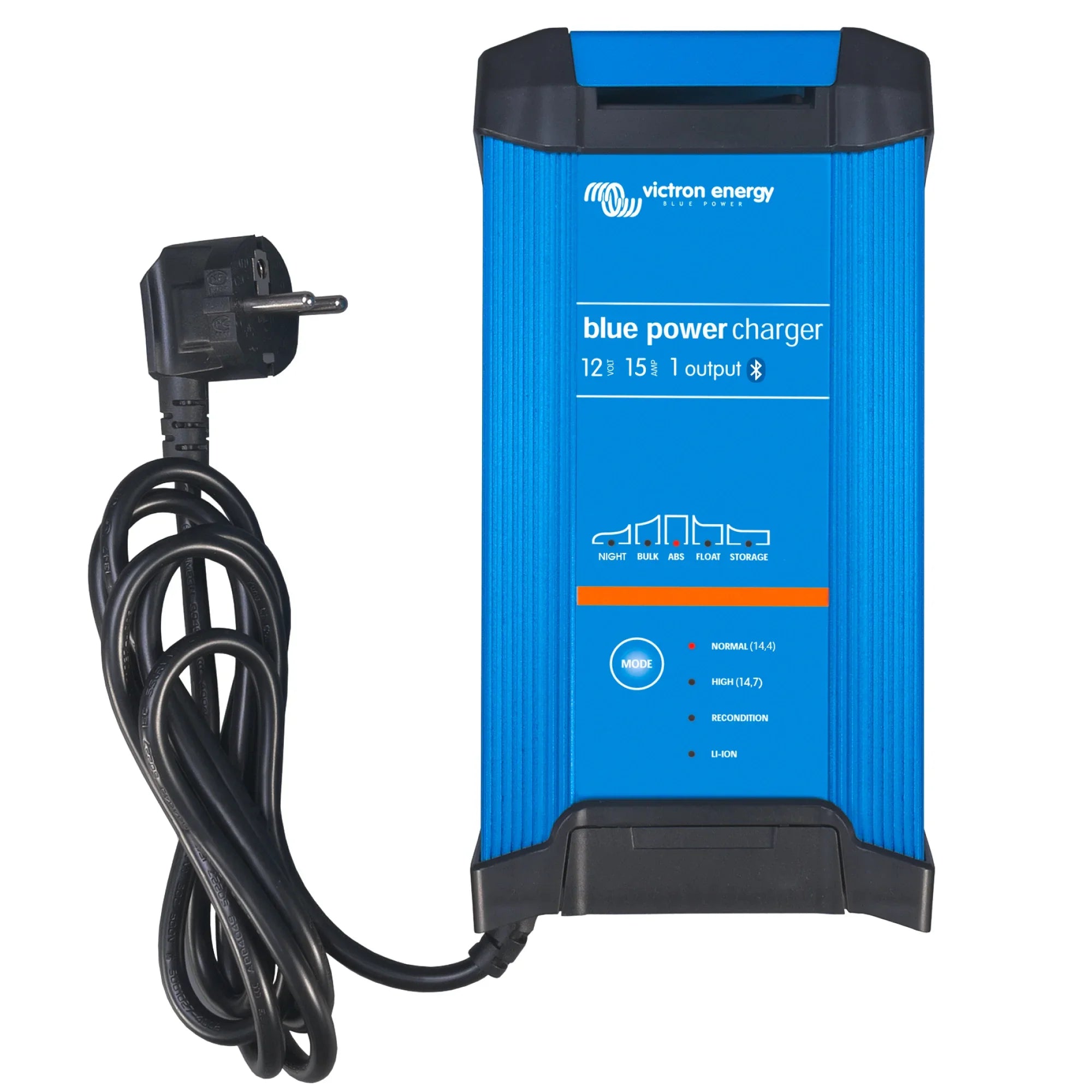 Victron Blue Smart IP22 12/15 charger in bright blue with black accents, mains lead with CEE 7/7 plug attached.