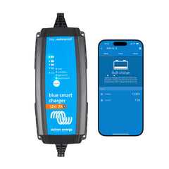 Victron Blue Smart IP65 12V 7A waterproof charger with smartphone app displaying bulk charge status at 13.80V and 7.0A