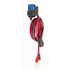 Victron Battery Indicator Panel with blue display screen mounted above coiled red and black power cable with M8 eyelet