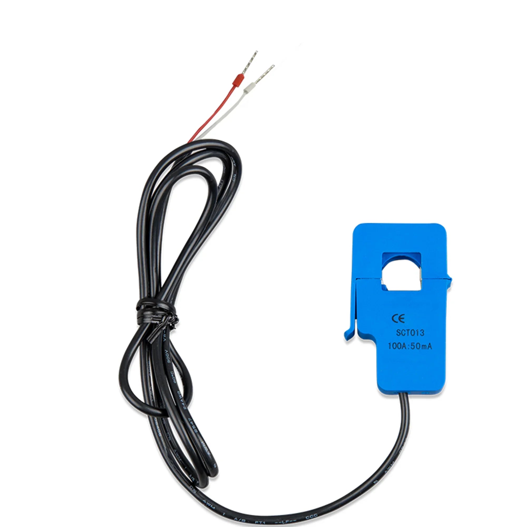 Blue current transformer with coiled black cable and two wire leads (red and grey) at top end, 20-metre length.
