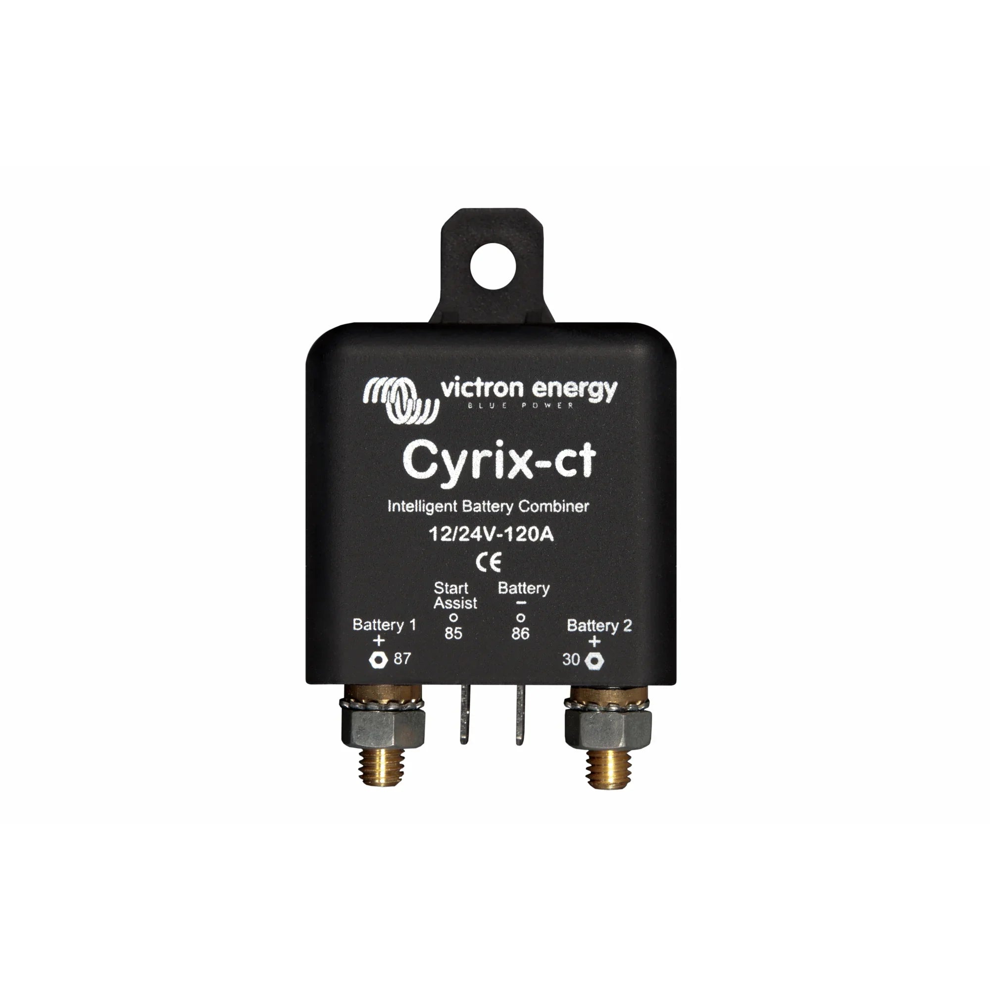 Victron Cyrix-ct 12/24V-120A intelligent battery combiner, black rectangular device with two brass terminals and mounting