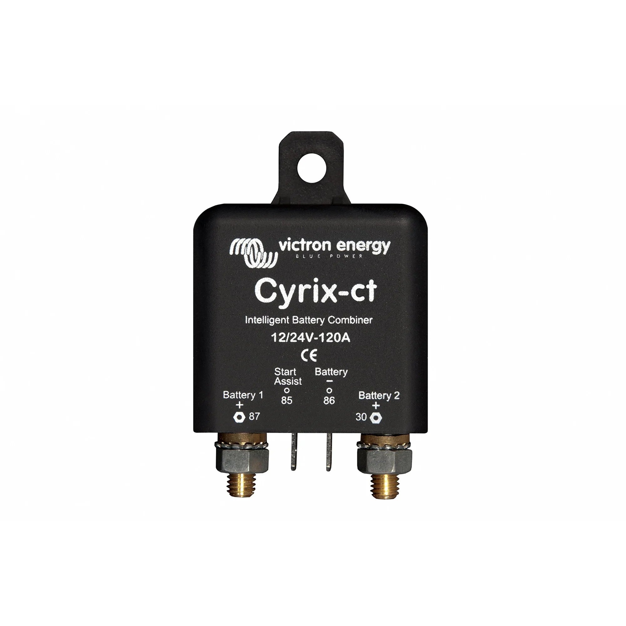 Victron Cyrix-ct 12/24V-120A intelligent battery combiner shown from front, displaying terminals and connection points.