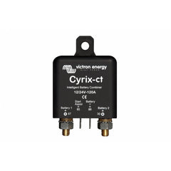 Victron Cyrix-ct 12/24V-120A intelligent battery combiner shown from front, displaying terminals and connection points.