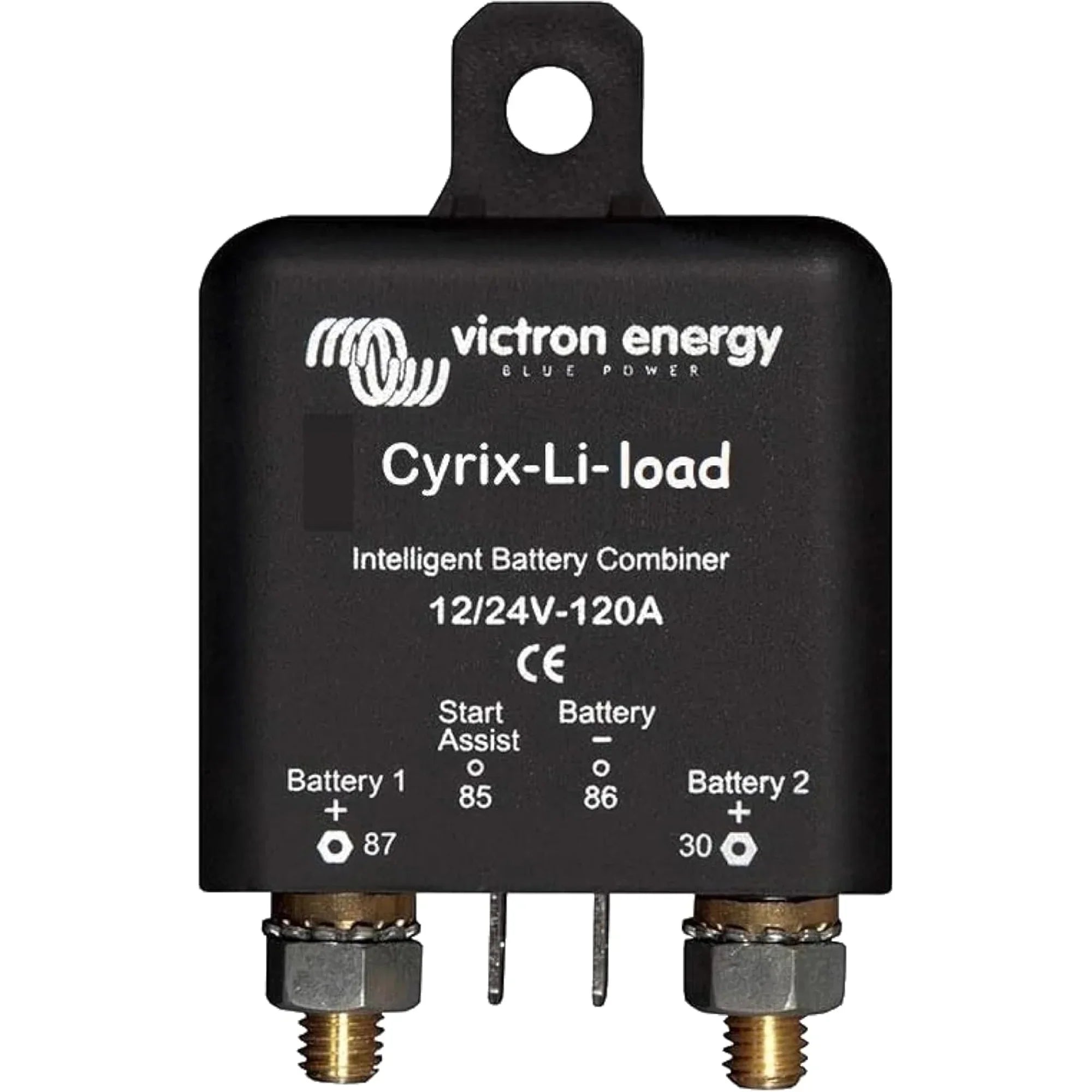 Victron Cyrix-Li-load 12/24V-120A intelligent battery combiner relay with mounting bracket and brass terminals.