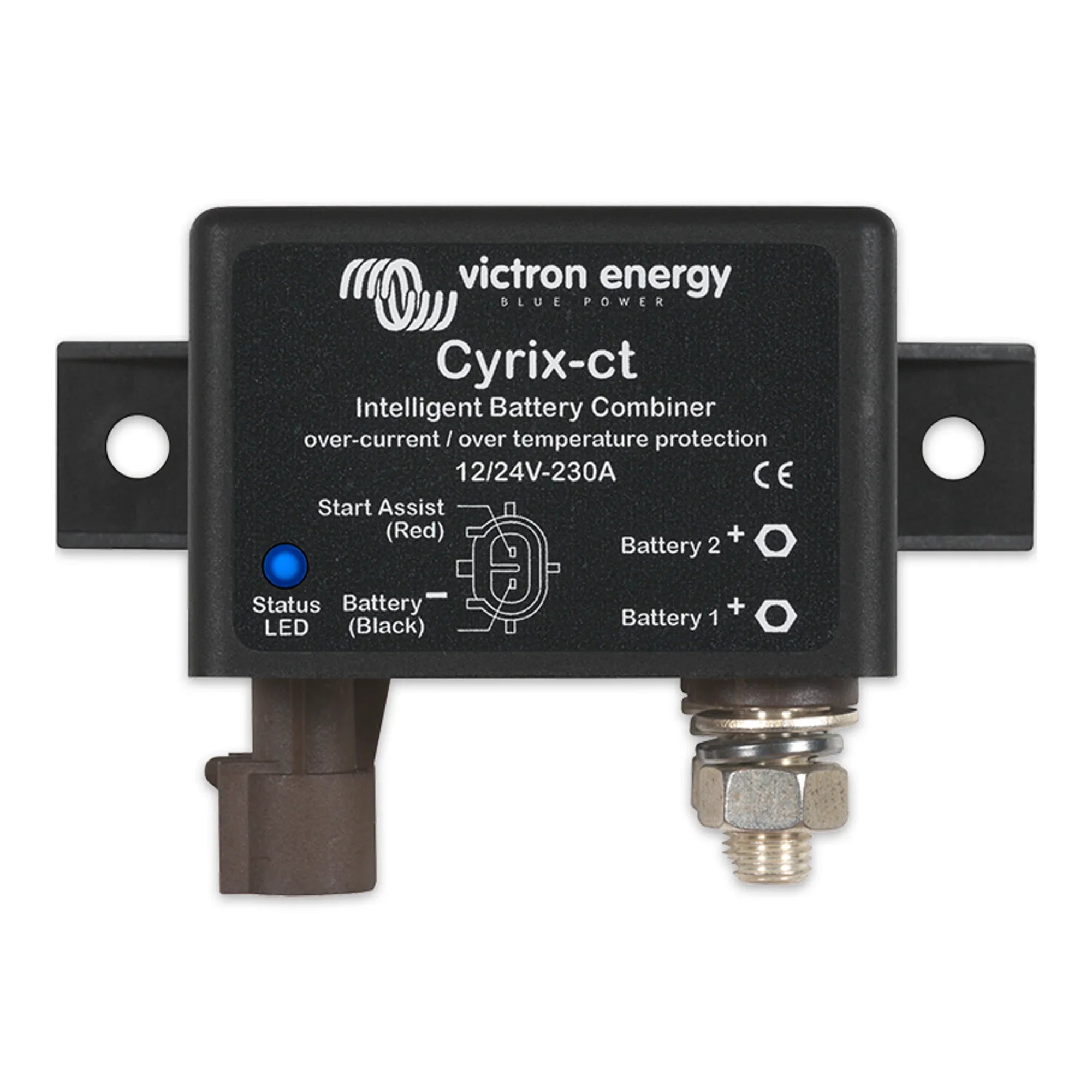 Victron Energy Cyrix-ct intelligent battery combiner device with blue status LED, mounting brackets, and terminal connectors