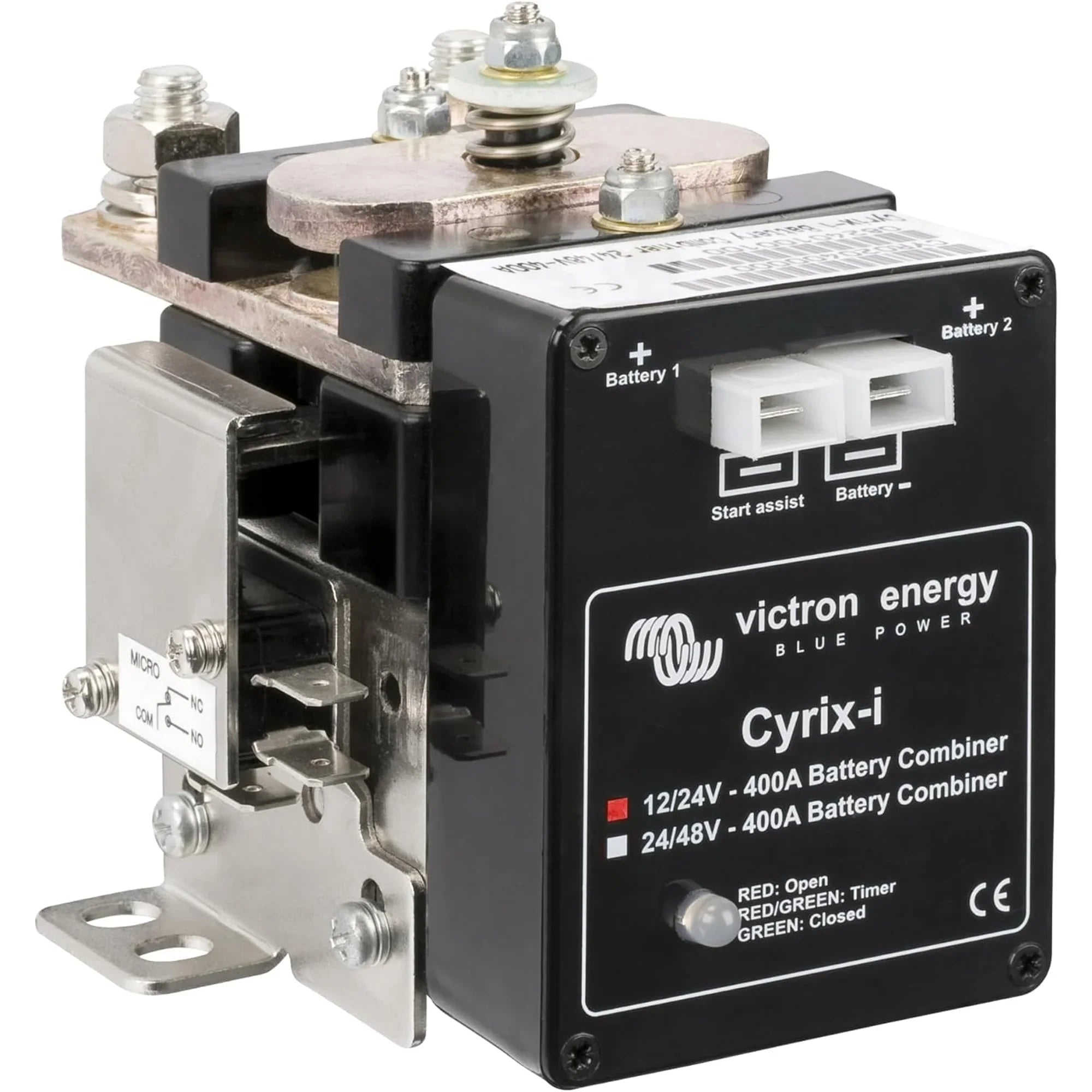 Victron Cyrix-i battery combiner unit showing black control box with white connectors, metallic relay components, and