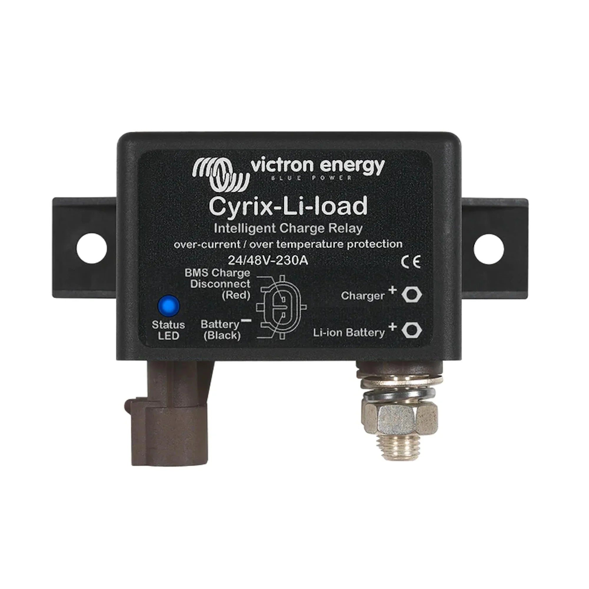 Victron Cyrix-Li-load intelligent charge relay mounted on white background, showing black casing with blue LED, connection