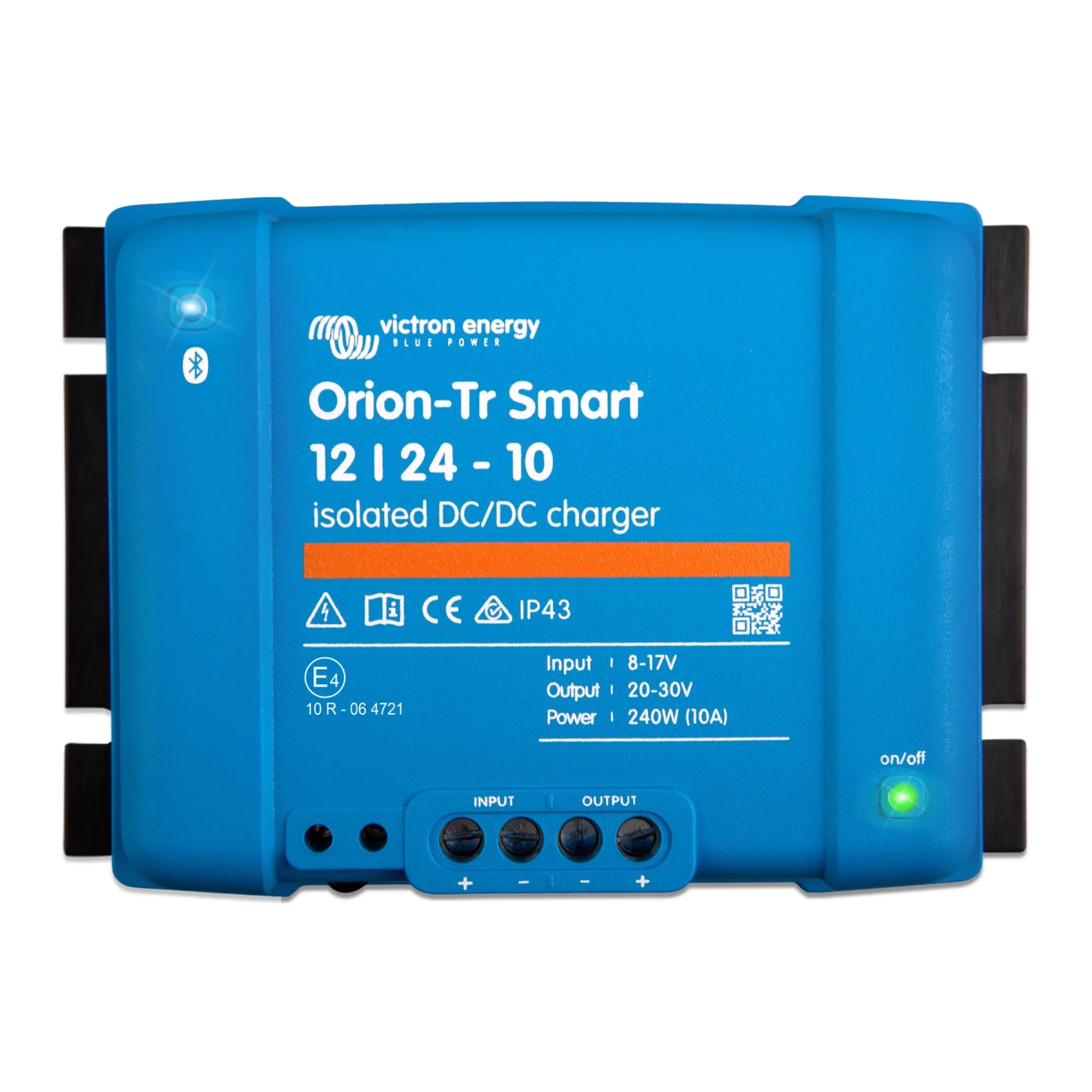 Victron Orion-Tr Smart 12/24-10 isolated DC-DC charger, blue device with terminals and on/off button.