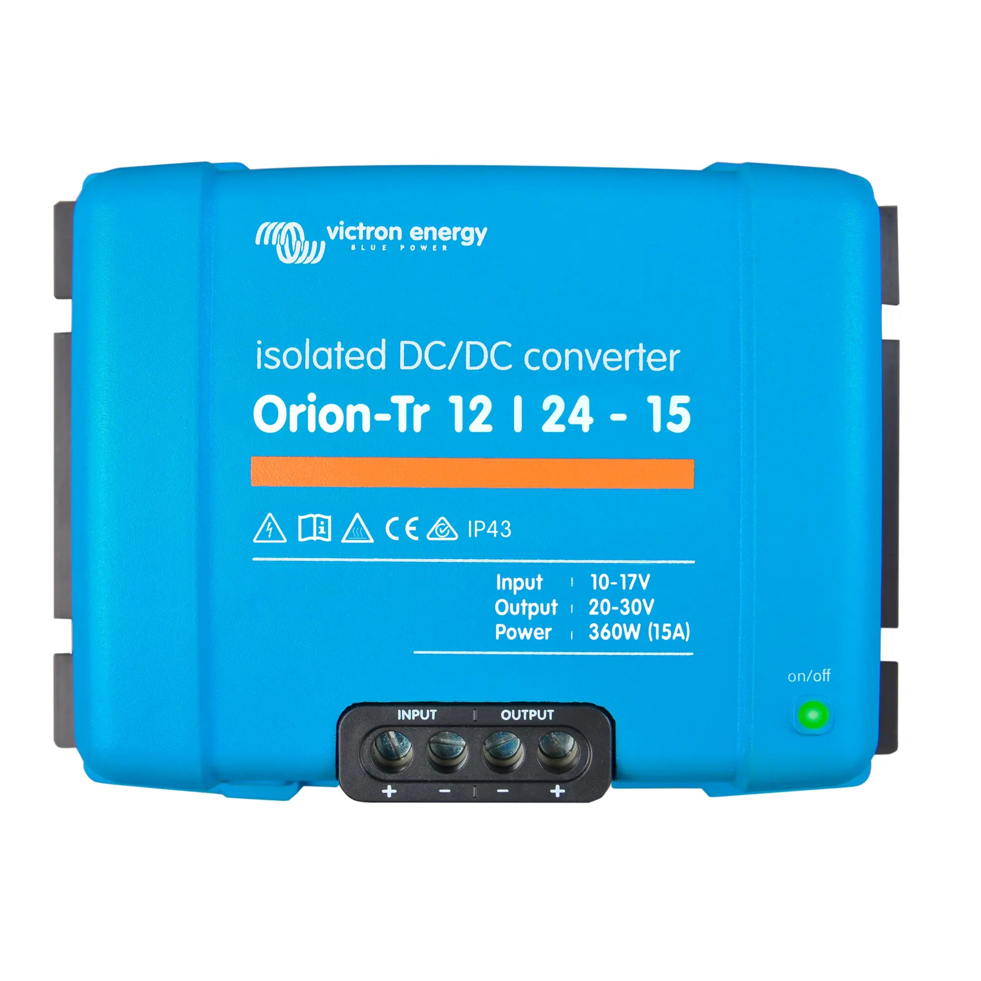 Victron Energy Orion-Tr 12/24-15 isolated DC-DC converter with blue casing, input/output terminals, and green power