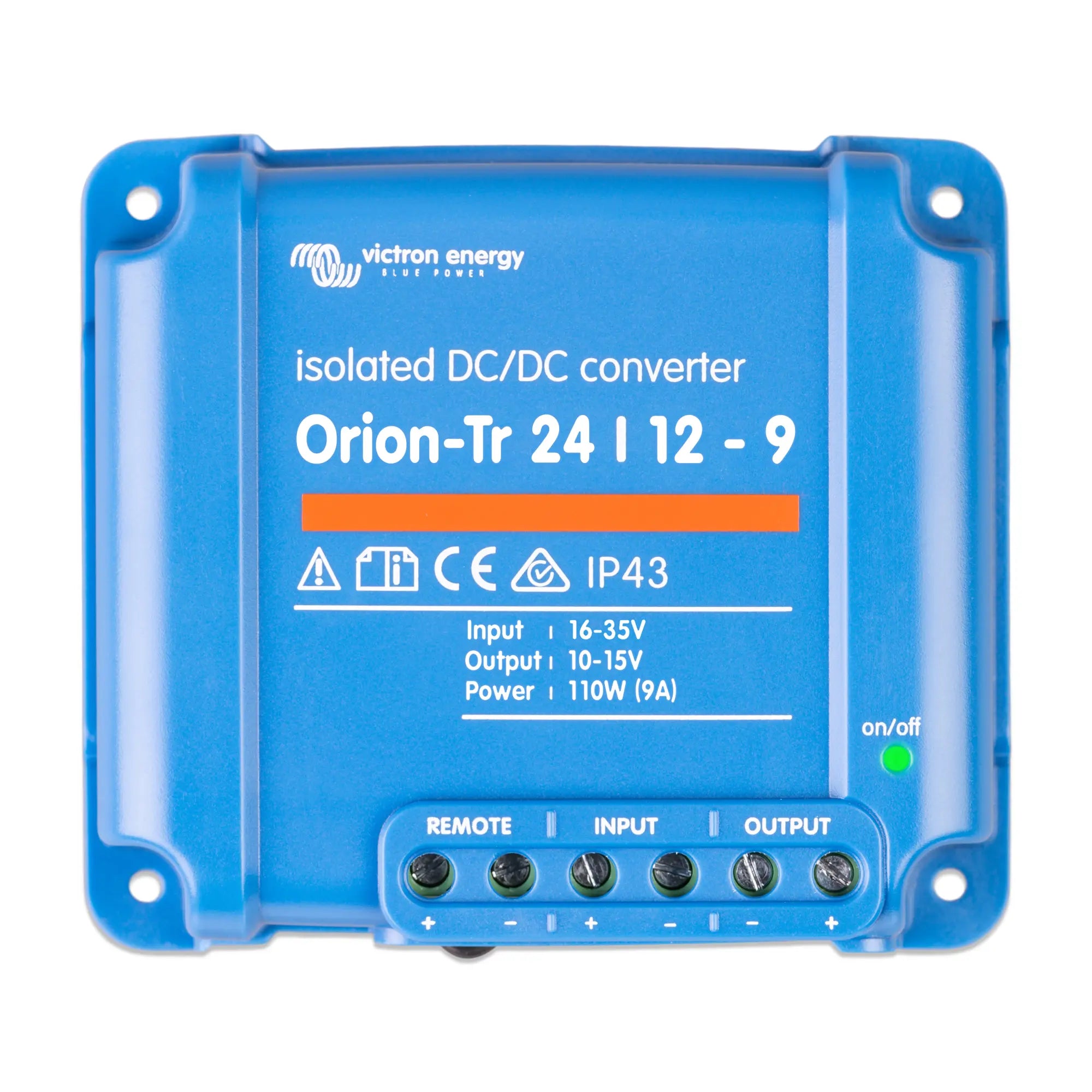Victron Orion-Tr 24/12-9A isolated DC-DC converter. Blue rectangular device with terminal connections and on-off indicator