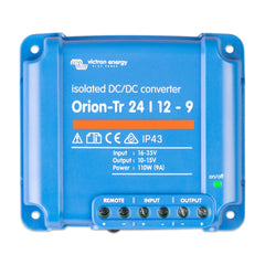 Victron Orion-Tr 24/12-9A isolated DC-DC converter in blue with terminal connections and green power indicator light.