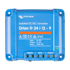 Victron Orion-Tr 24/12-9A isolated DC-DC converter. Blue rectangular device with terminal connections and on-off indicator