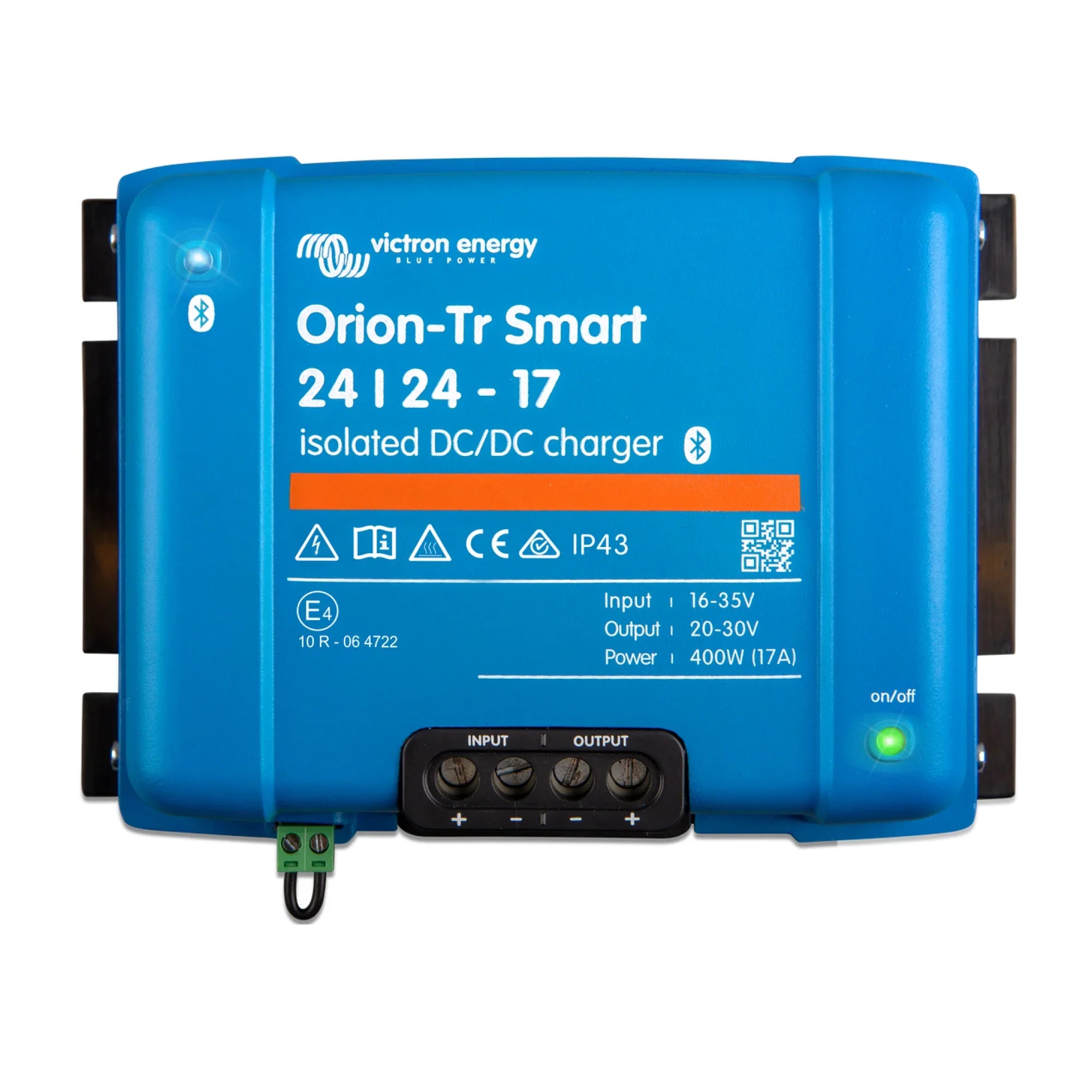 Victron Energy blue Orion-Tr Smart 24/24-17 isolated DC/DC charger with Bluetooth, input/output terminals, and control panel.