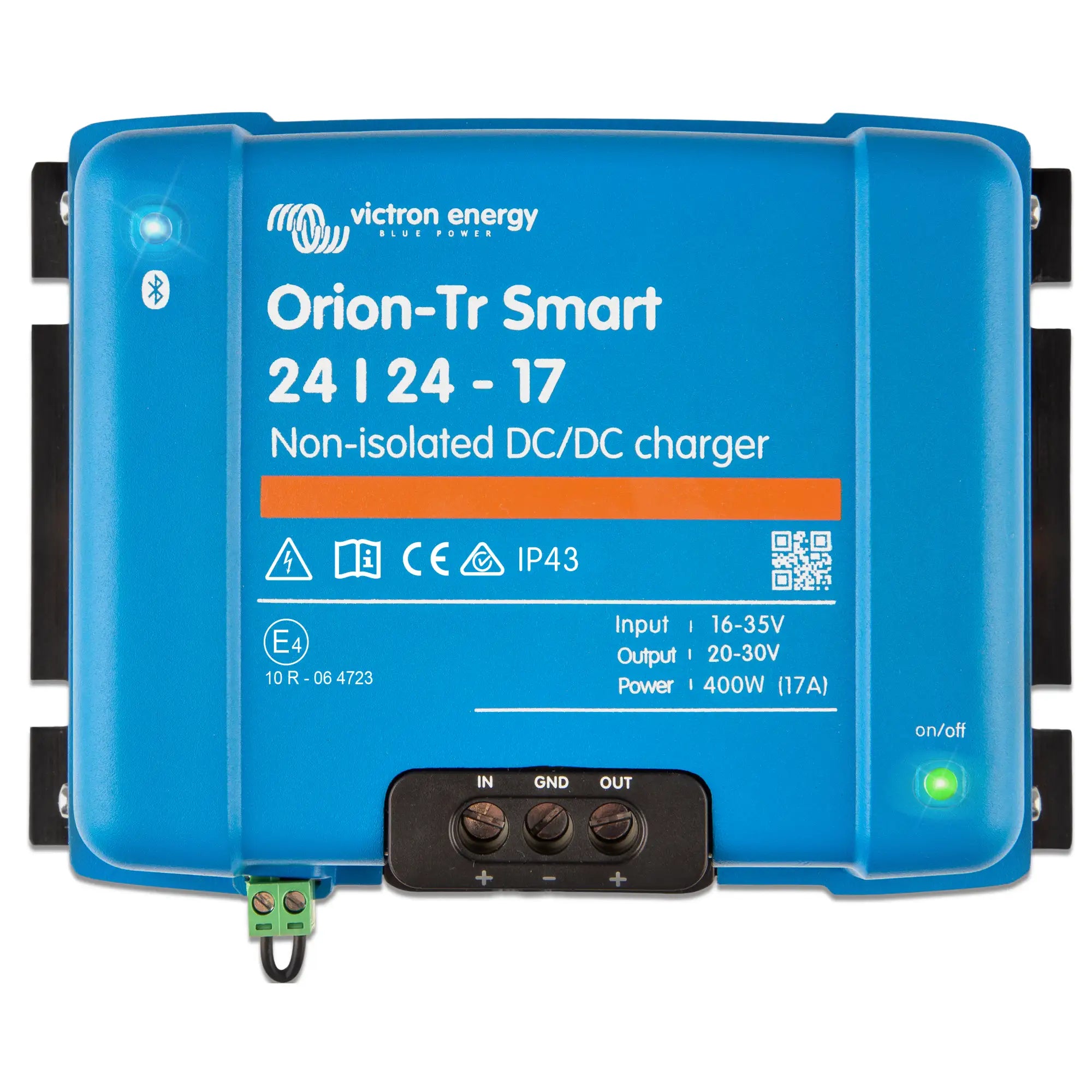 Victron Orion-Tr Smart 24/24-17A non-isolated DC/DC charger. Blue device with terminals, on/off button, and status indicator