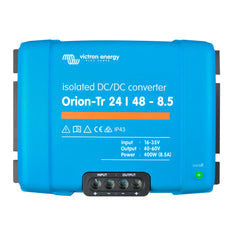 Victron Energy Orion-Tr isolated DC/DC converter with blue casing, input/output terminals, and green on/off indicator light.