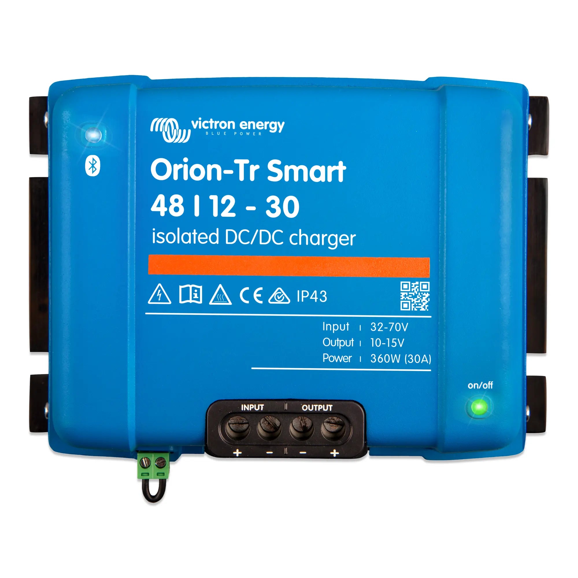 Victron Energy Orion-Tr Smart 48/12-30 isolated DC/DC charger, blue device with control panel and status indicator light.