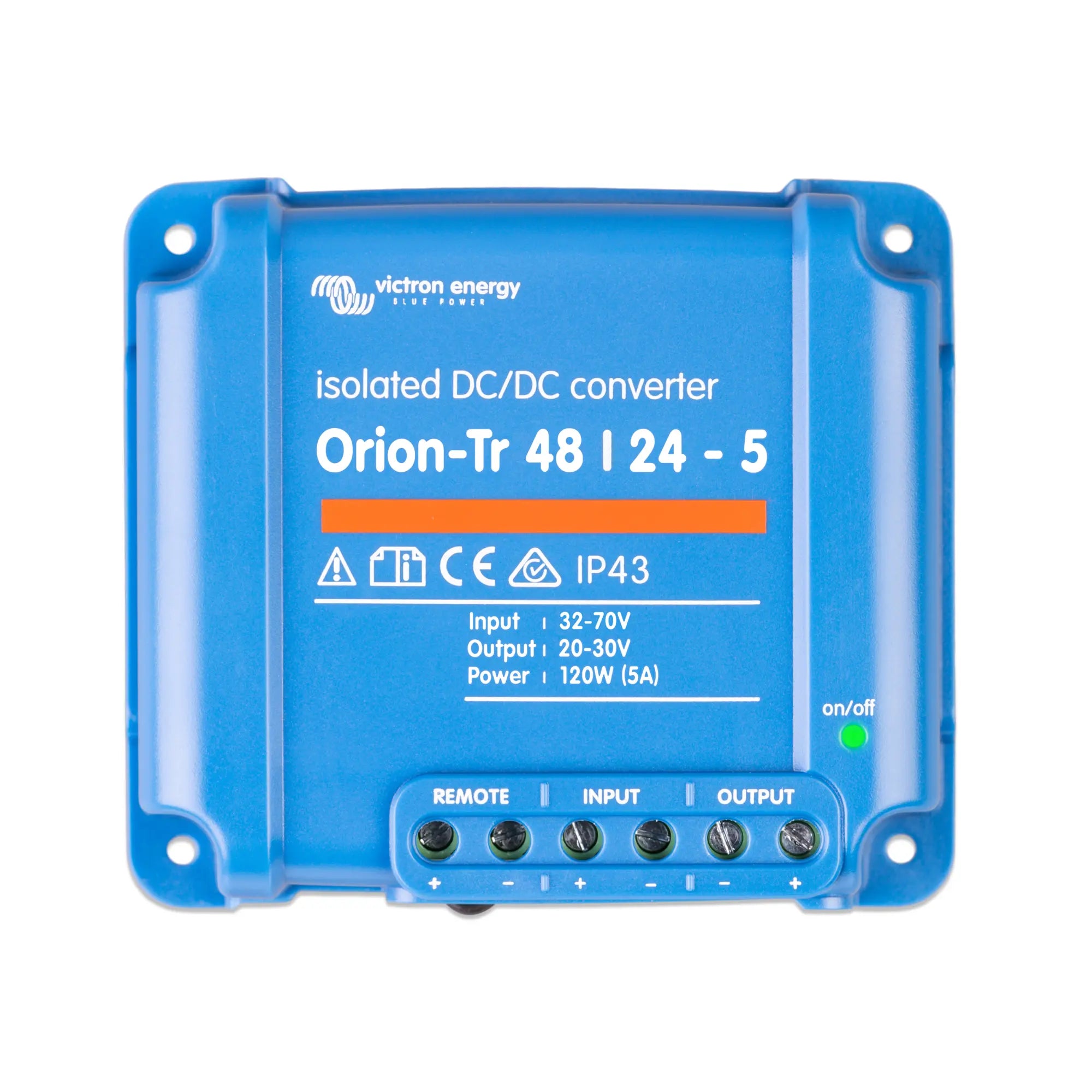 Victron Orion-Tr 48/24-5A isolated DC-DC converter, blue unit with terminal connections and on-off indicator light.