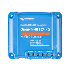 Victron Orion-Tr 48/24-5A isolated DC-DC converter, blue unit with terminal connections and on-off indicator light.