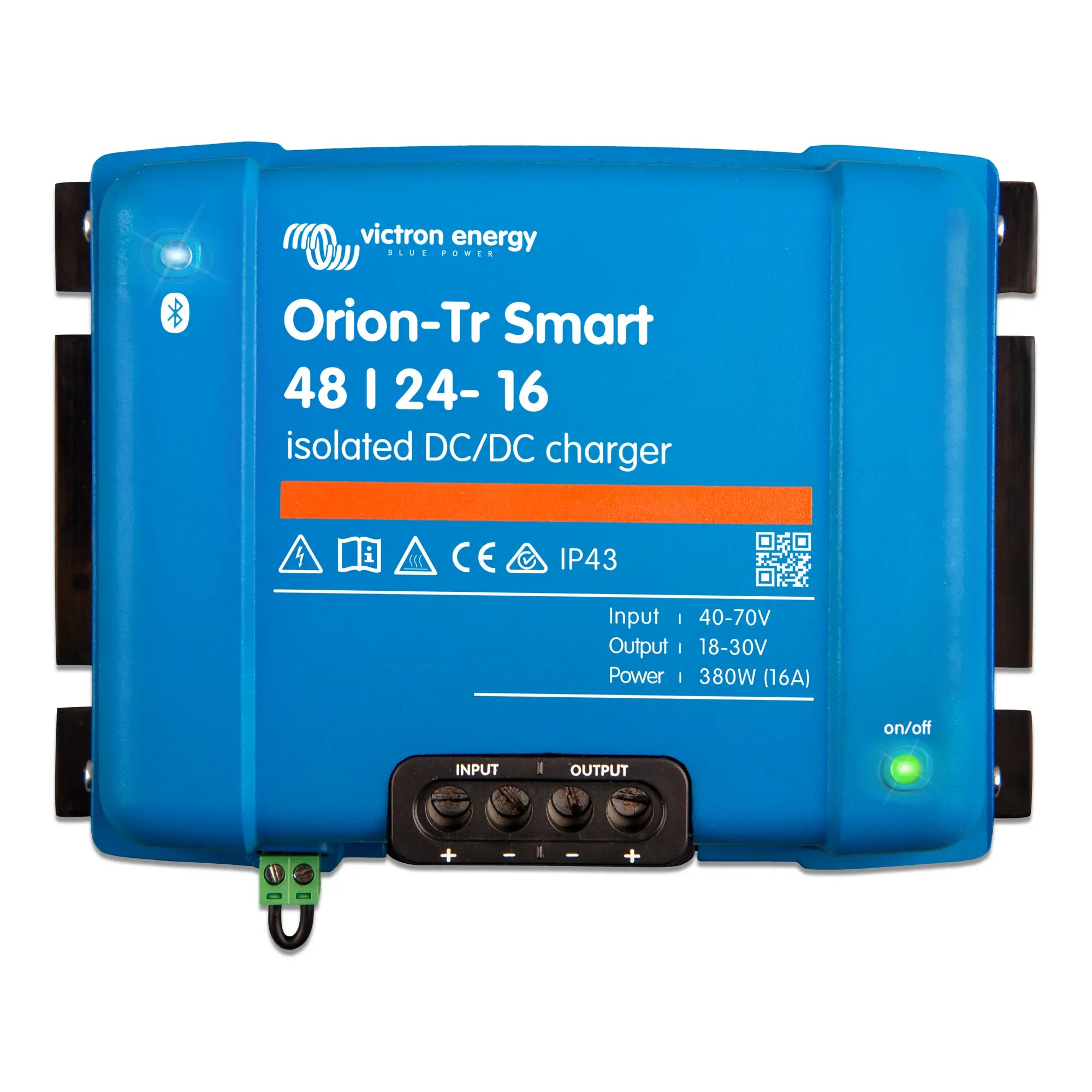 Victron Energy Orion-Tr Smart 48/24-16 isolated DC/DC charger, blue rectangular device with black terminals and control