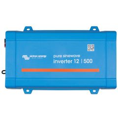 Victron Energy pure sinewave inverter 12/500 in bright blue casing with mounting brackets and QR code label.