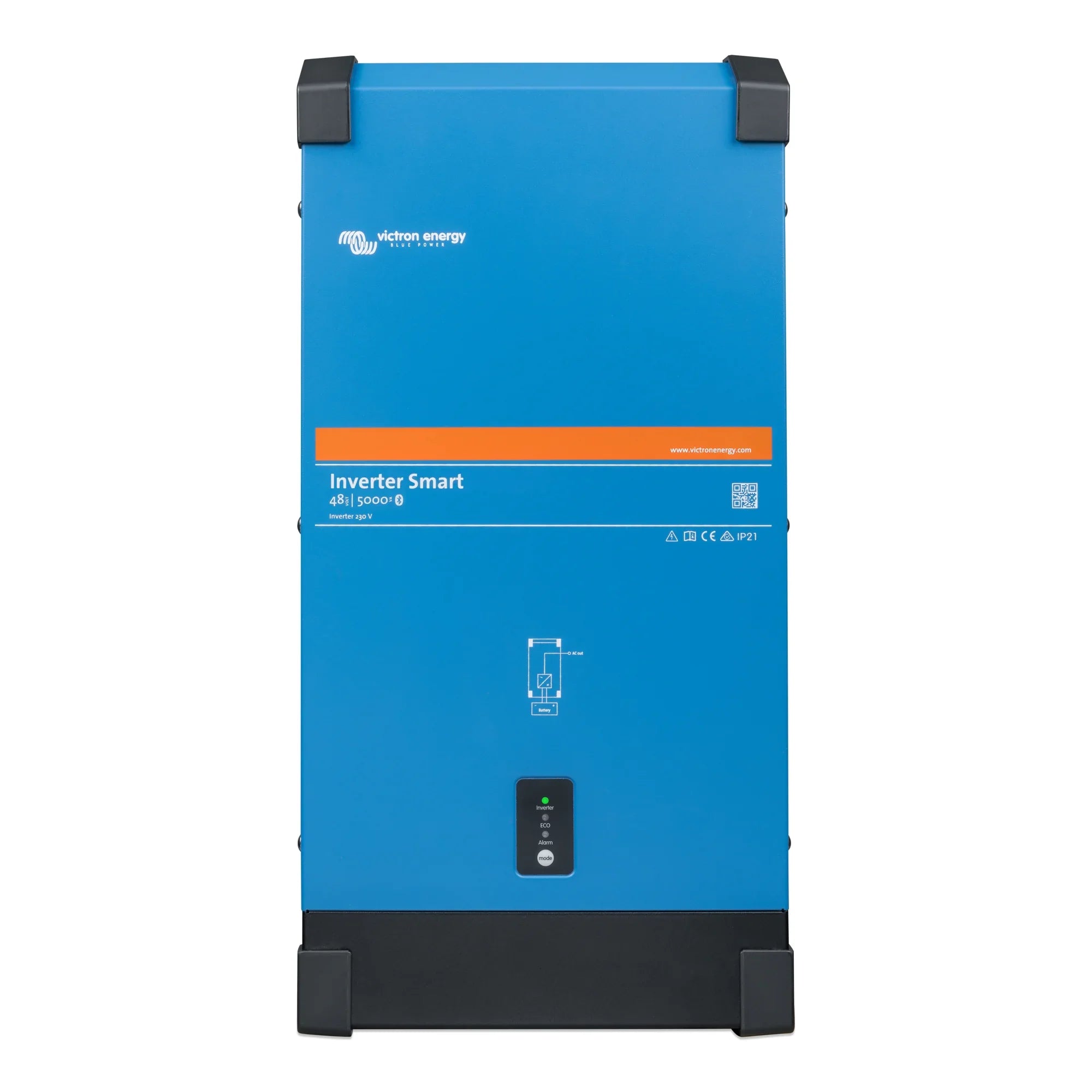 Victron Energy Inverter Smart 48/5000 0, a blue rectangular device with black corner brackets and control panel at bottom.