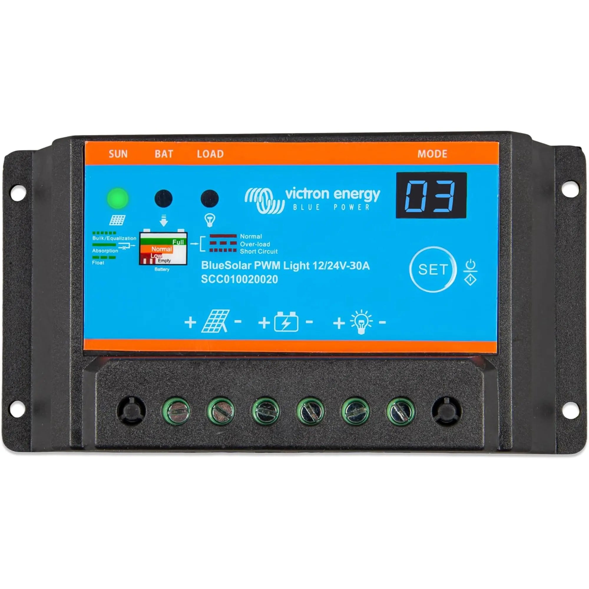 Victron BlueSolar PWM-Light 12/24V-30A solar charge controller with blue display panel, status indicators, and green