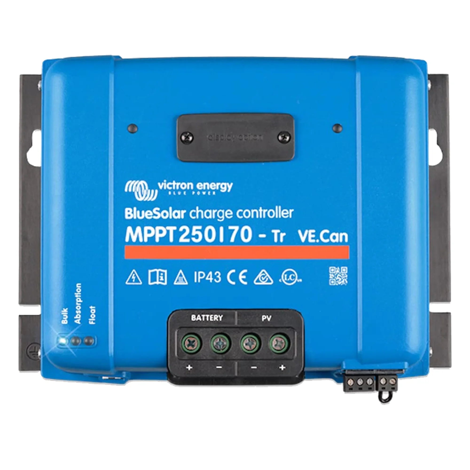 Victron BlueSolar MPPT 250/70-Tr VE.Can charge controller, blue rectangular device with battery and PV terminal connections.
