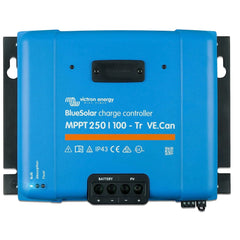 Victron BlueSolar MPPT 250/100-Tr VE.Can charge controller, blue rectangular device with black connectors and status lights.