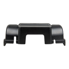 Black plastic cable management box with curved sides and central rectangular opening, front view against white background.