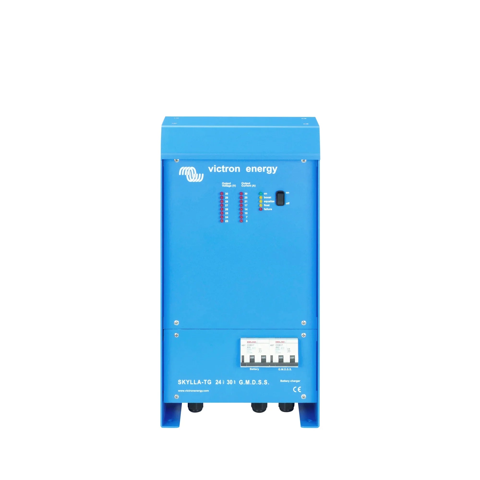 Victron Energy Skylla-TG 24/30 G.M.D.S.S. battery charger, blue casing with control panel and terminals.