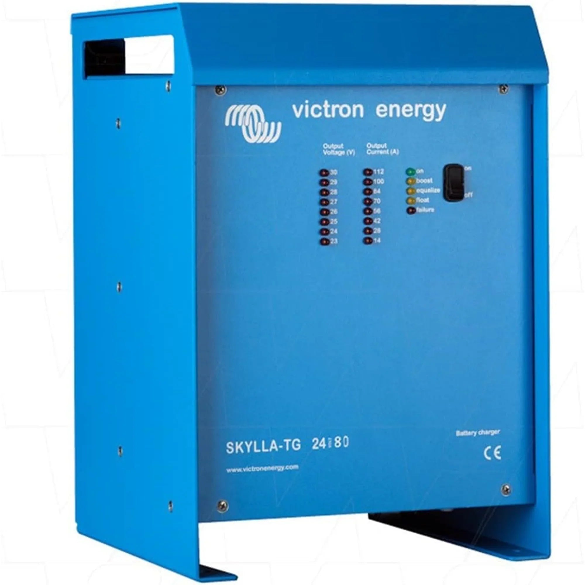 Victron Energy Skylla-TG 24/80 battery charger, blue metal casing with control panel displaying voltage and current settings.