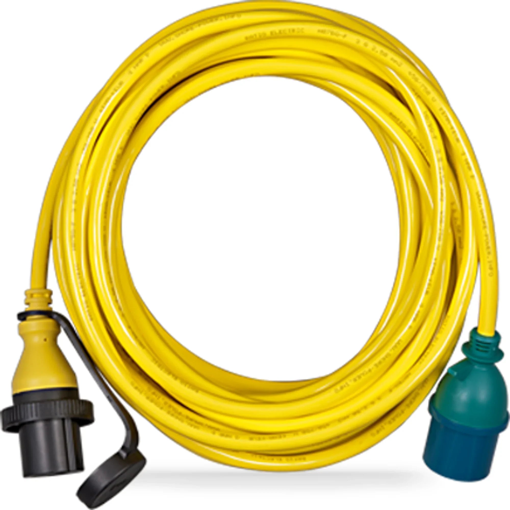 Yellow extension cable with yellow plug connector on left and teal socket connector on right, coiled display.