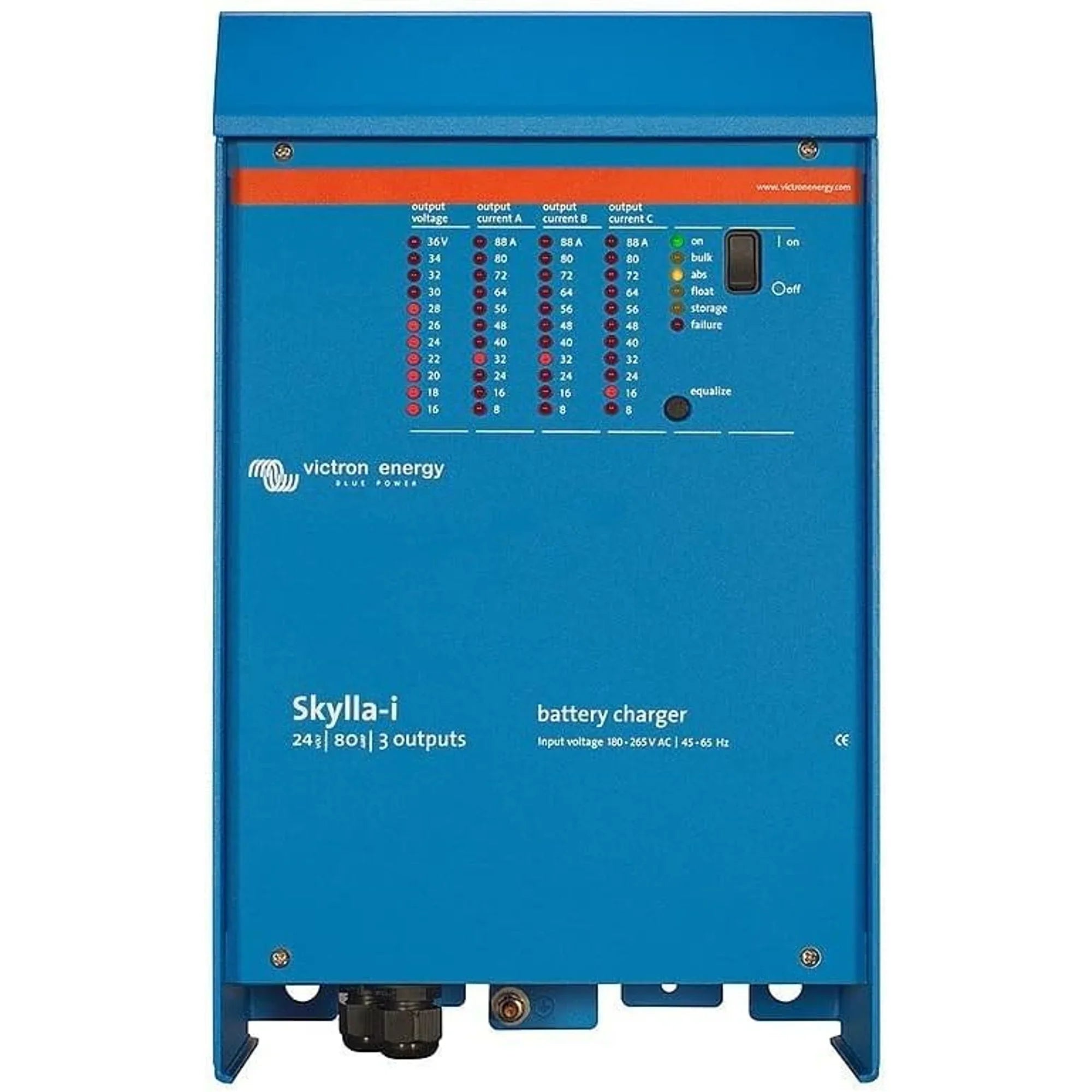 Victron Skylla-i 24/80 battery charger, blue metal case with red display panel showing voltage and current outputs.