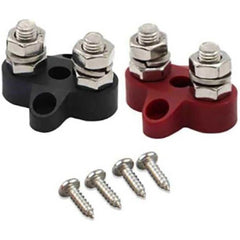 Victron dual terminal stud M8 set showing black and red connectors with bolts and mounting screws.