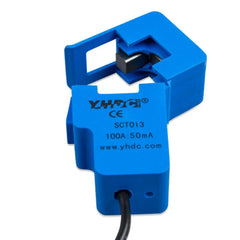 Blue split-core current transformer with black cable, labelled YHDC SCT013 100A-50mA, www.yhdc.com, CE marked.
