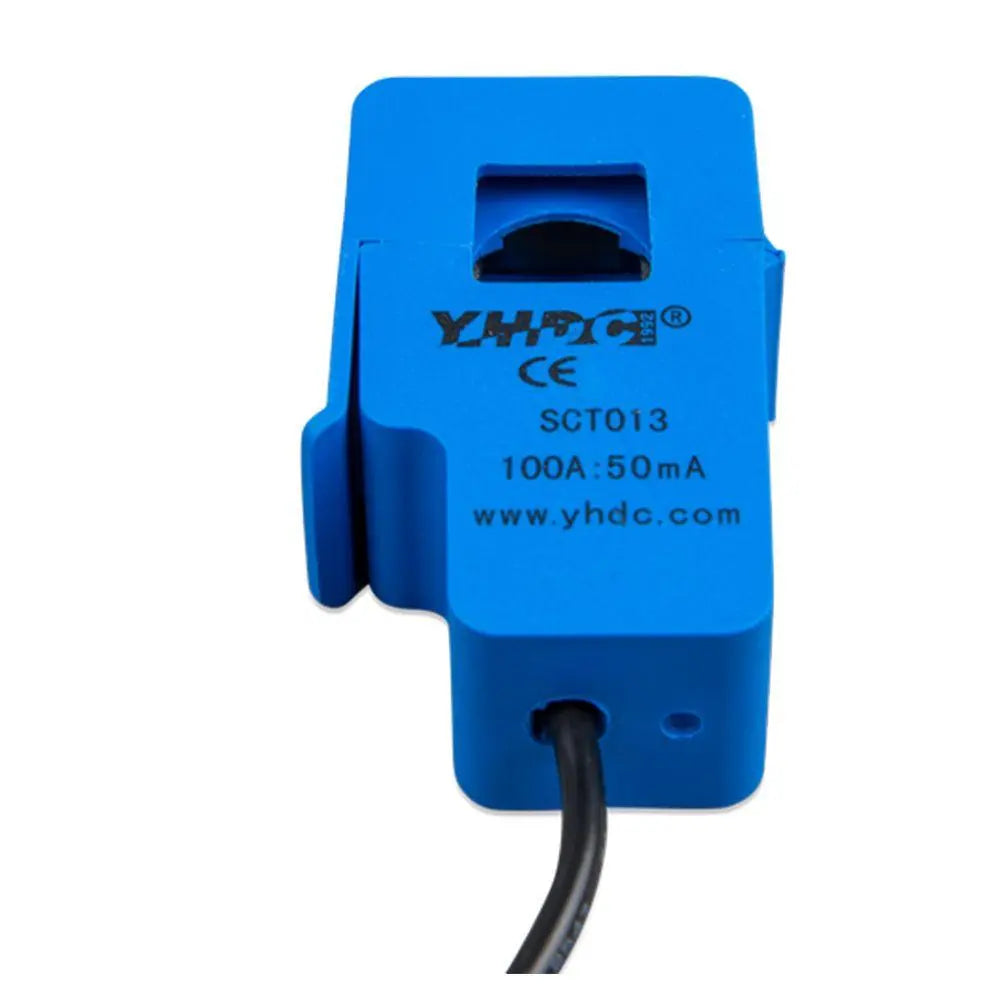 Blue current transformer with rectangular body, cable attachment, and display window. YHDC model SCT013, 100A:50mA rating