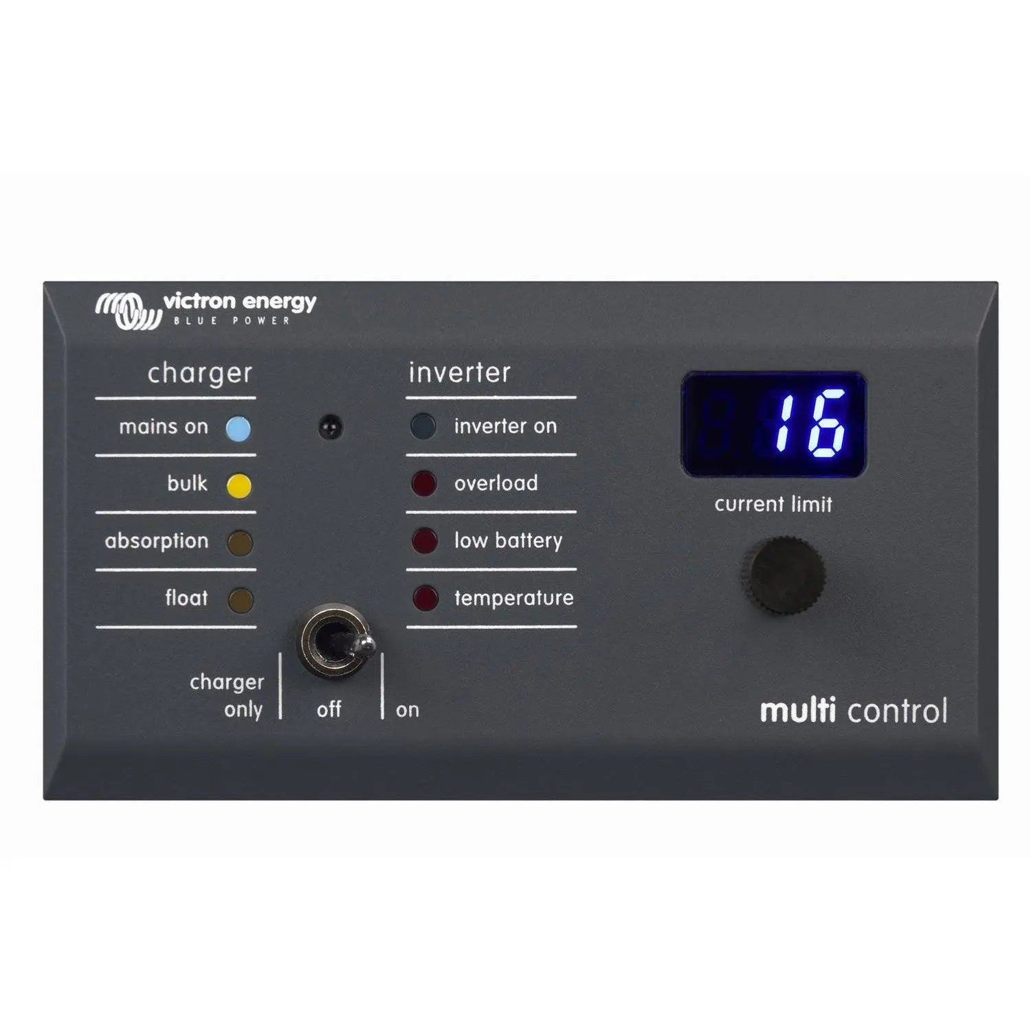 Victron Energy Blue Power multi control panel displaying charger status indicators, inverter warnings, current limit of 16A,