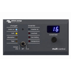 Victron Energy Blue Power multi control panel displaying charger status indicators, inverter warnings, current limit of 16A,