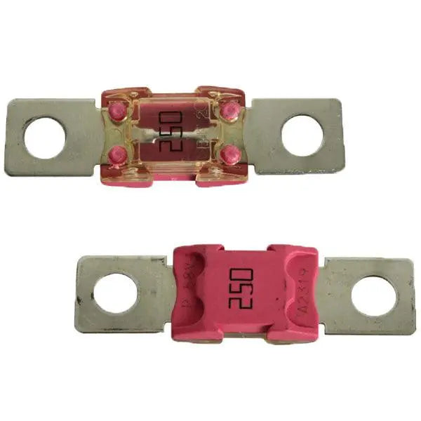 Victron MEGA-fuse 250A/58V-48V shown front and back views with grey metal end plates and red central fuse body.