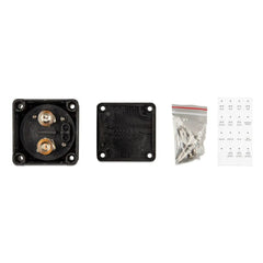 Victron 275A battery switch kit showing front panel with copper terminals, back plate, hardware pack and instruction sheet.