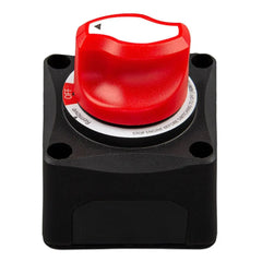 Red and black Victron battery switch with ON/OFF positions, 275A capacity, mounted on black base with four corner holes.