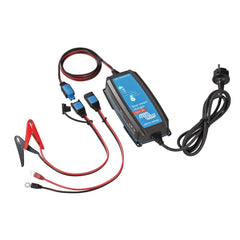 Victron Blue Smart 12/7 battery charger with red and black cables, battery clips, connectors, and black mains power lead.